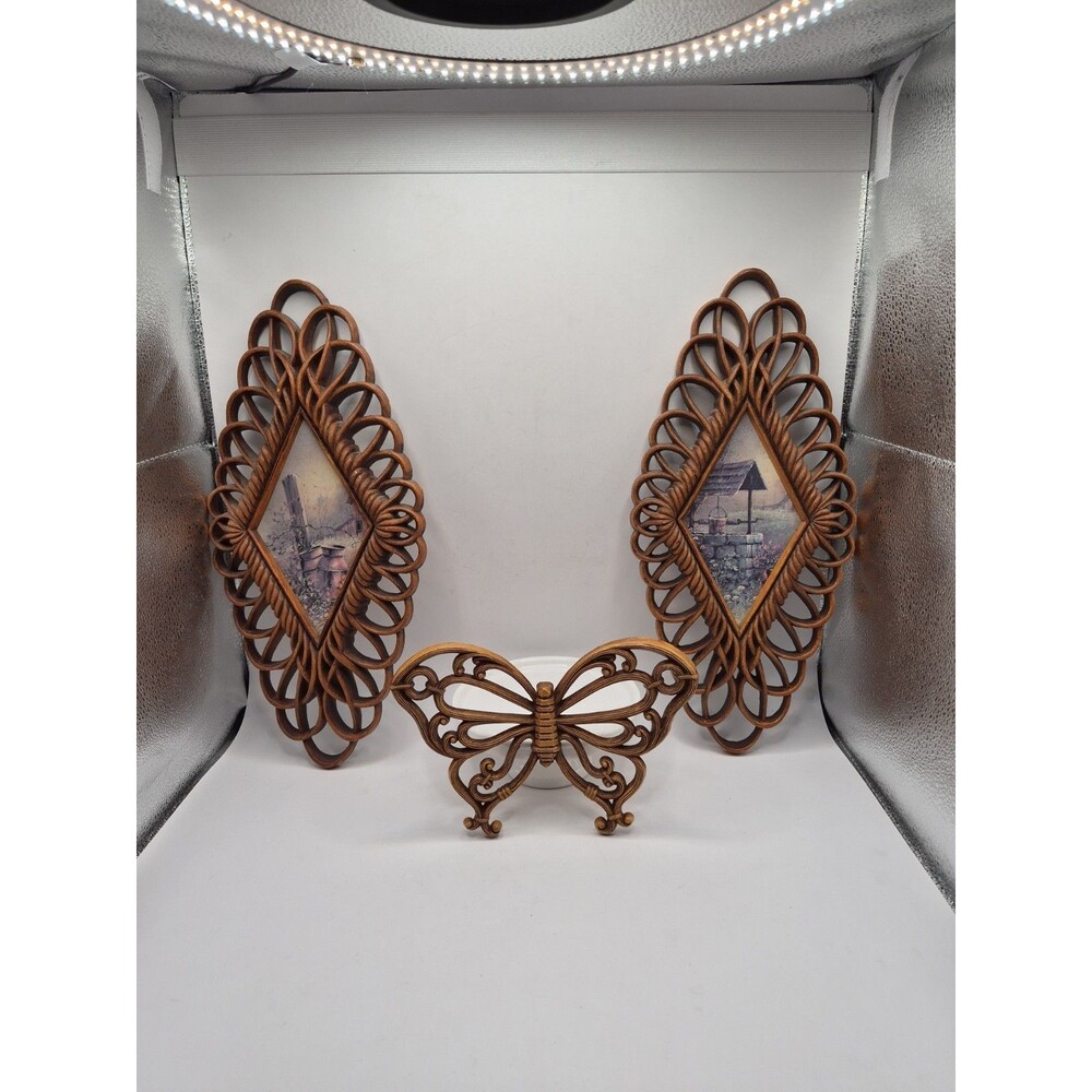 3 Vintage MCM Burwood Wall Hangings Faux Wood Farmhouse Decor Rattan Wicker Boho